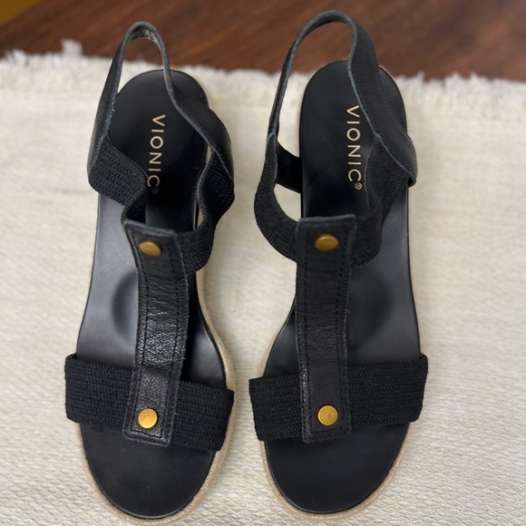 Vionic Calera Espadrille Wedge Sandal Size 10 Black Comfort Strappy Leather - Picture 5 of 10